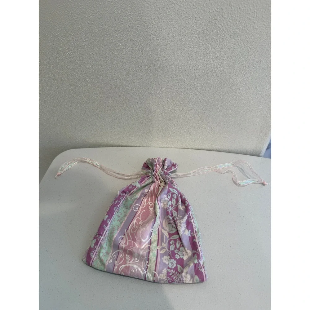 Floral Stripe Drawstring Pouch Purple Pink Green Silver Metallic Gift Bag 8x11
